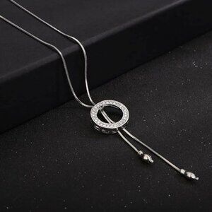 Adjustable Necklace with Circle Pendant Long Chain Necklace Silver Alloy Metal